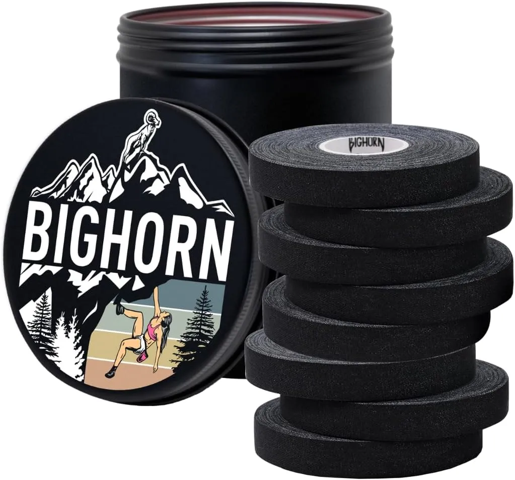 Bighorn Athletics Climbing Finger Tape with Retro Design Female Climber Tin Canister, 0.5-Inch x 45-feet, 8-Rolls, Black