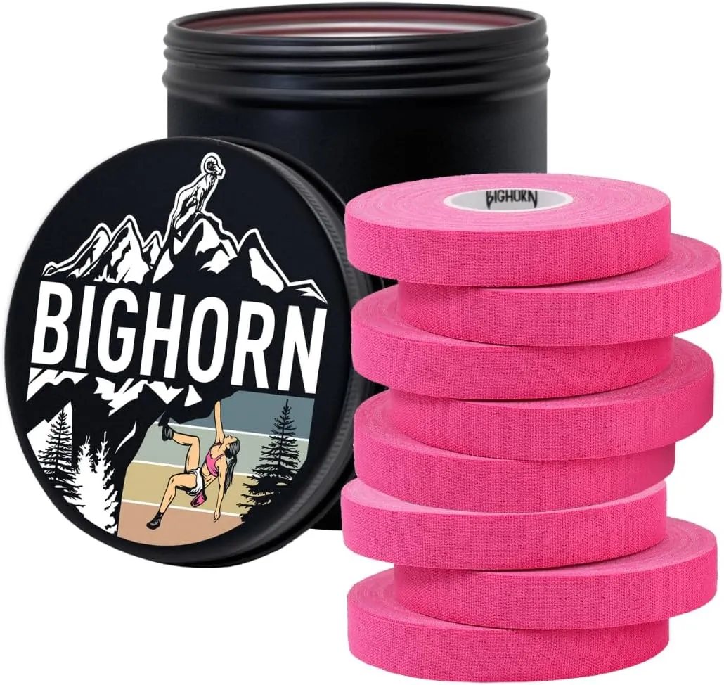 Bighorn Athletics Climbing Finger Tape with Retro Design Female Climber Tin Canister, 0.5-Inch x 45-feet, 8-Rolls, Pink