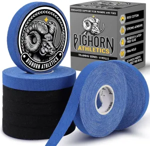 Bighorn Athletics Jiu Jitsu Finger Tape, 0.5-Inch x 45-feet, 8-Rolls | Residue-Free, Zinc Oxide Adhesive | Athletic Sports Tape for BJJ, Wrestling, Climbing, Volleyball, Hands & Toes | Black & Blue