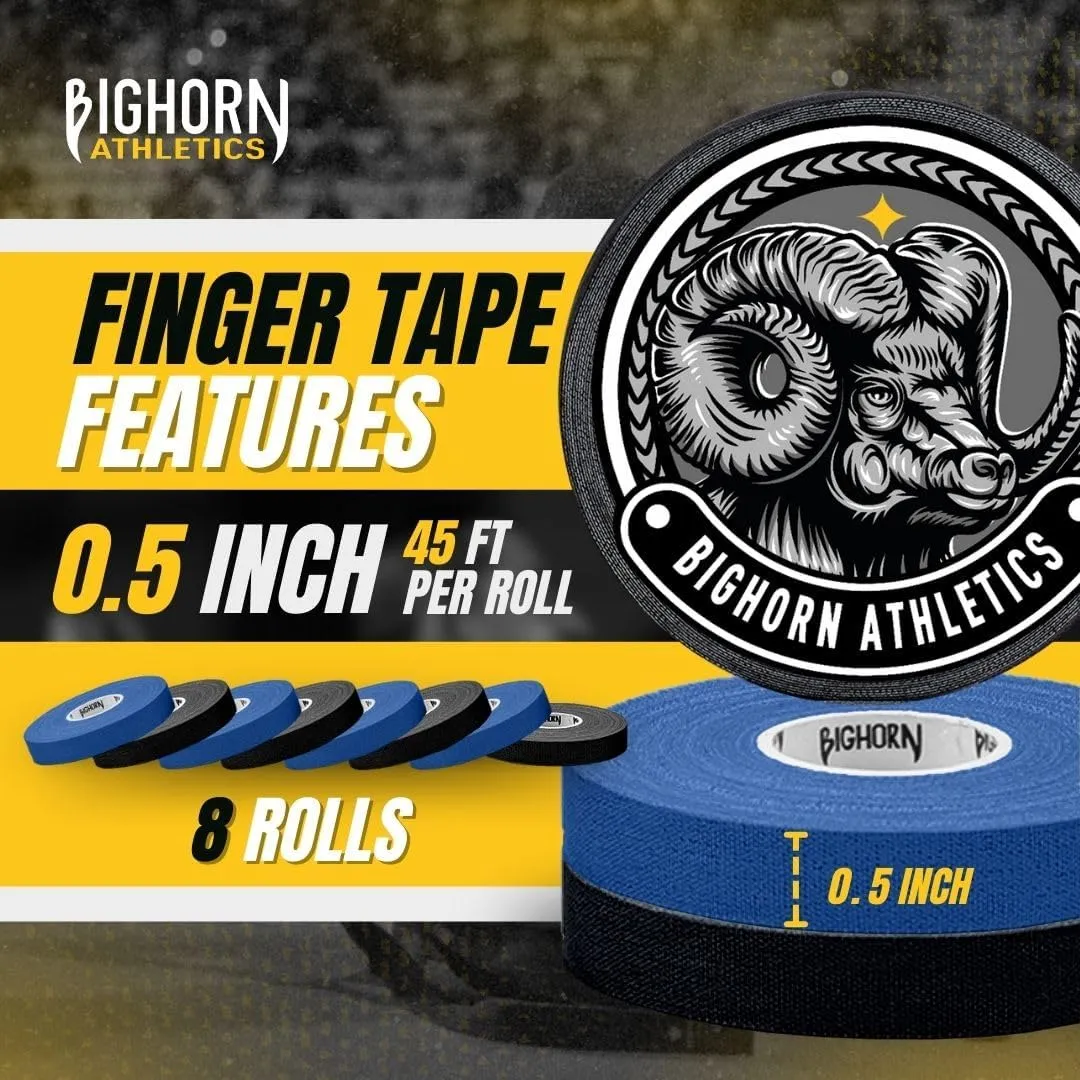 Bighorn Athletics Jiu Jitsu Finger Tape, 0.5-Inch x 45-feet, 8-Rolls | Residue-Free, Zinc Oxide Adhesive | Athletic Sports Tape for BJJ, Wrestling, Climbing, Volleyball, Hands & Toes | Black & Blue