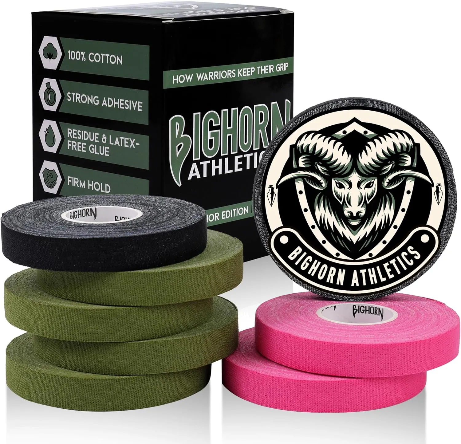 Bighorn Athletics Jiu Jitsu Finger Tape, Athletic Sports Tape For Injuries & Support: BJJ, Wrestling, Rock Climbing, Volleyball, Hands & Toes | 0.5-Inch x 45-feet, 8-Rolls, Military Green, Black, Pink