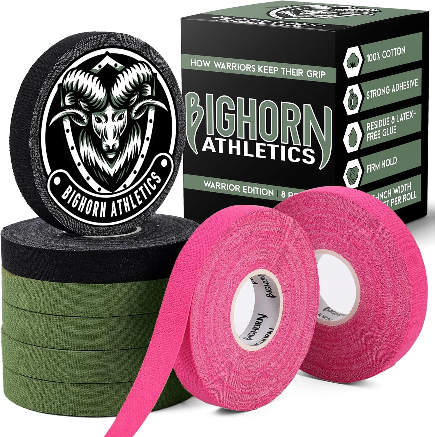 Bighorn Athletics Jiu Jitsu Finger Tape, Athletic Sports Tape For Injuries & Support: BJJ, Wrestling, Rock Climbing, Volleyball, Hands & Toes | 0.5-Inch x 45-feet, 8-Rolls, Military Green, Black, Pink