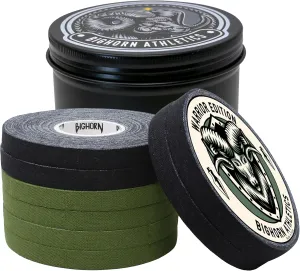 Bighorn Athletics Military Green & Black Finger Tape with Black Tin Canister | 0.3-in x 45-Ft, 8-Rolls | All-Purpose Protection & Support Tape for Jiu Jitsu, Climbing, Golf, Volleyball & More