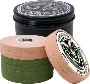 Bighorn Athletics Military Green & Nude Athletic Finger Tape with Black Tin Canister | 0.3 in. x 45 ft, 8-Rolls | All-Purpose Protection & Support Tape for Jiu Jitsu, Climbing, Golf, Volleyball & More