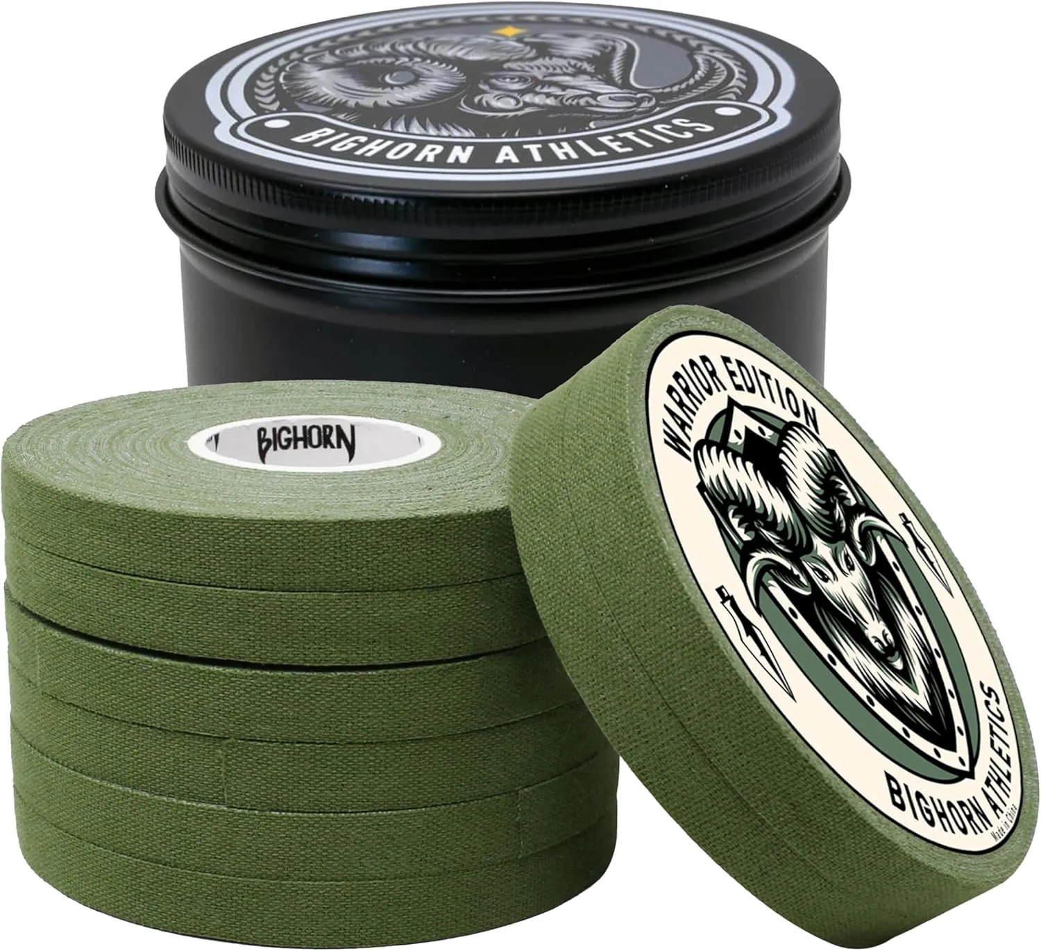 Bighorn Athletics Military Green Athletic Finger Tape with Black Tin Canister | 0.3-Inch x 45-Feet, 8-Rolls | All-Purpose Protection & Support Tape for Jiu Jitsu, Climbing, Golf, Volleyball & More
