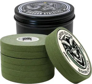 Bighorn Athletics Military Green Athletic Finger Tape with Black Tin Canister | 0.3-Inch x 45-Feet, 8-Rolls | All-Purpose Protection & Support Tape for Jiu Jitsu, Climbing, Golf, Volleyball & More