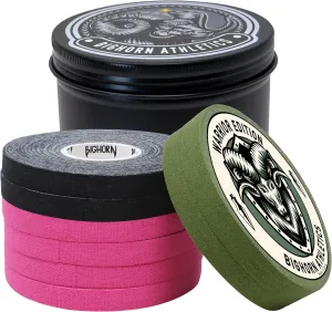 Bighorn Athletics Military Green, Pink & Black Finger Tape with Black Tin Canister | 0.3 in. x 45 ft. - 8-Rolls | All-Purpose Protection & Support Tape for Jiu Jitsu, Climbing, Golf, Volleyball & More