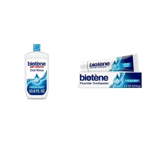 biotène Oral Rinse Mouthwash - 33.8 fl oz & Fluoride Toothpaste for Dry Mouth Symptoms, Bad Breath Treatment and Cavity Prevention, Fresh Mint, 4.3 Ounce (Pack of 1) - Packaging May Vary