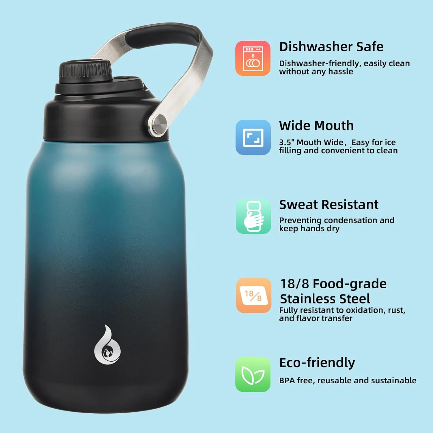 BJPKPK Half Gallon Insulated Water Bottles, 64oz Water Jug with Metal Handle & BPA Free Spout Lid, Dishwasher Safe Thermos, Large Stainless Steel Gym Sport Jugs, Blue Black