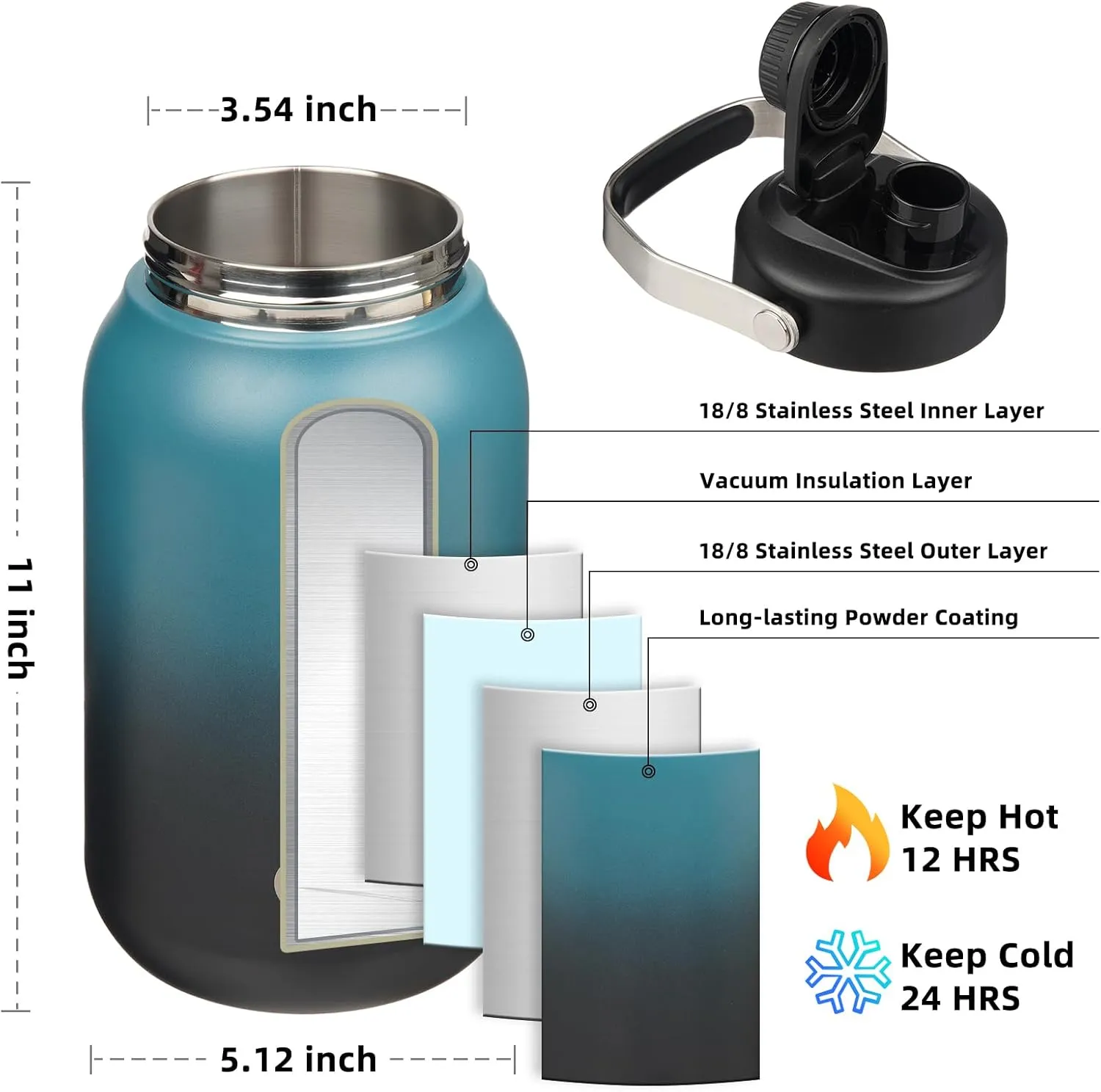 BJPKPK Half Gallon Insulated Water Bottles, 64oz Water Jug with Metal Handle & BPA Free Spout Lid, Dishwasher Safe Thermos, Large Stainless Steel Gym Sport Jugs, Blue Black