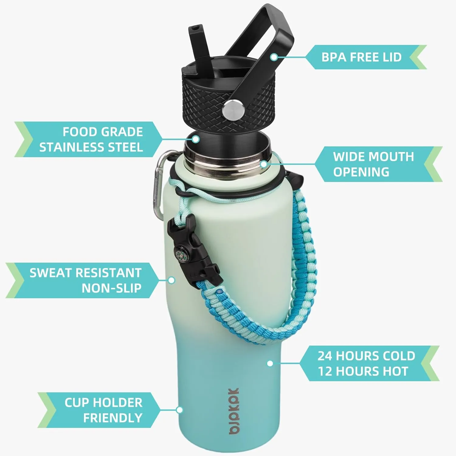 BJPKPK Insulated Water Bottles with Straw Lid, 23oz Metal Water Bottle with 2 lids & Paracord Strap, Double Wall Stainless Steel Vacuum Tumblers, Cups, Mugs, Thermos for Hot& Cold Drinks, Mint