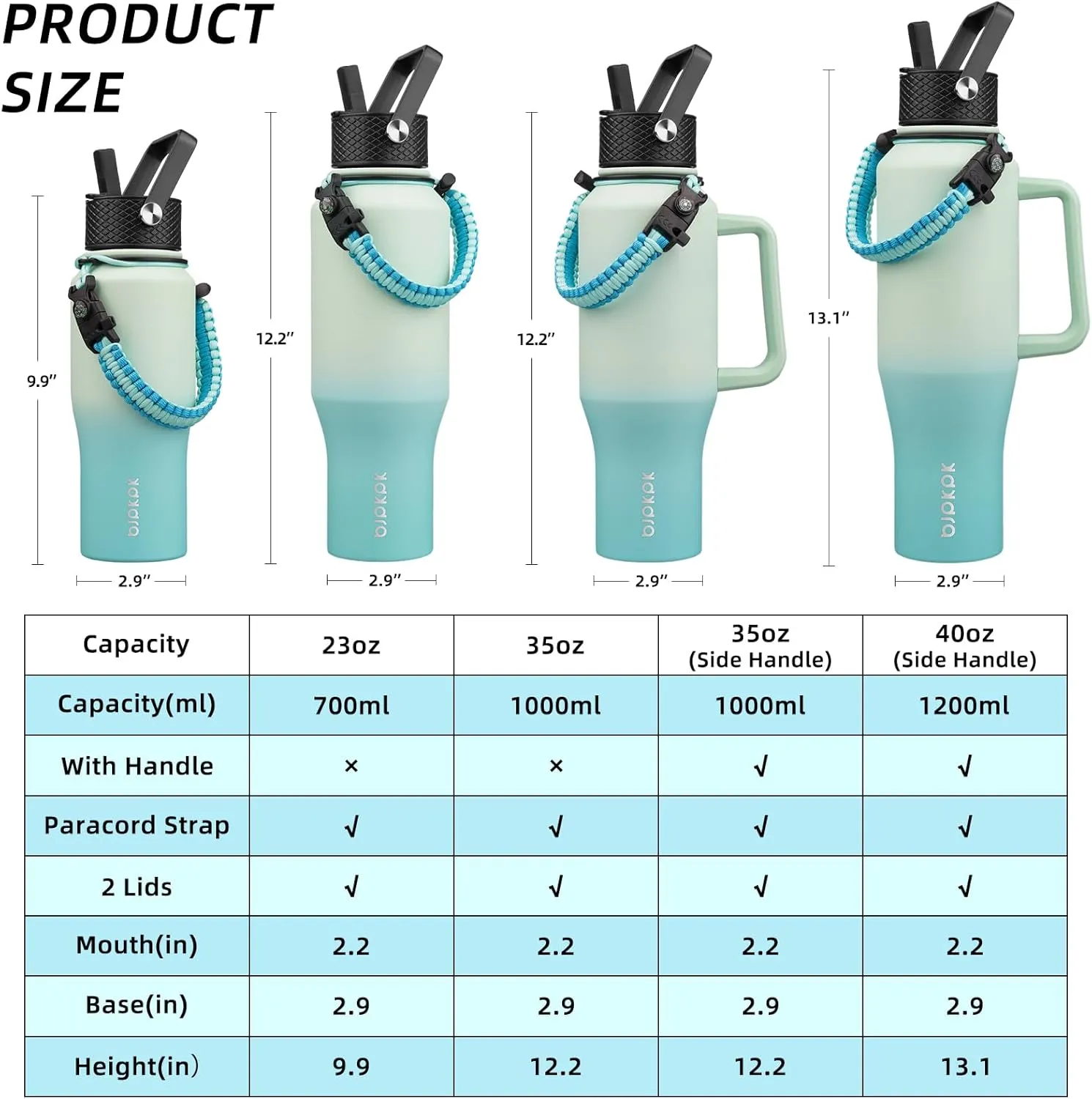 BJPKPK Insulated Water Bottles with Straw Lid, 23oz Metal Water Bottle with 2 lids & Paracord Strap, Double Wall Stainless Steel Vacuum Tumblers, Cups, Mugs, Thermos for Hot& Cold Drinks, Mint