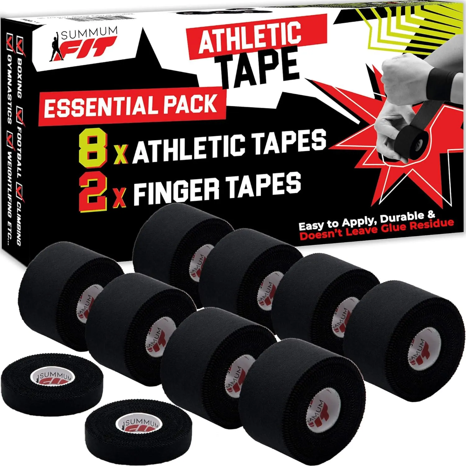 Black Athletic Tape Extremely Strong: 8 Rolls   2 Finger Roll. Easy to Apply & No Residue. Sports Tape Athletic for Boxing Football Climbing or Gymnastics for Wrist Ankle & Hand Protection