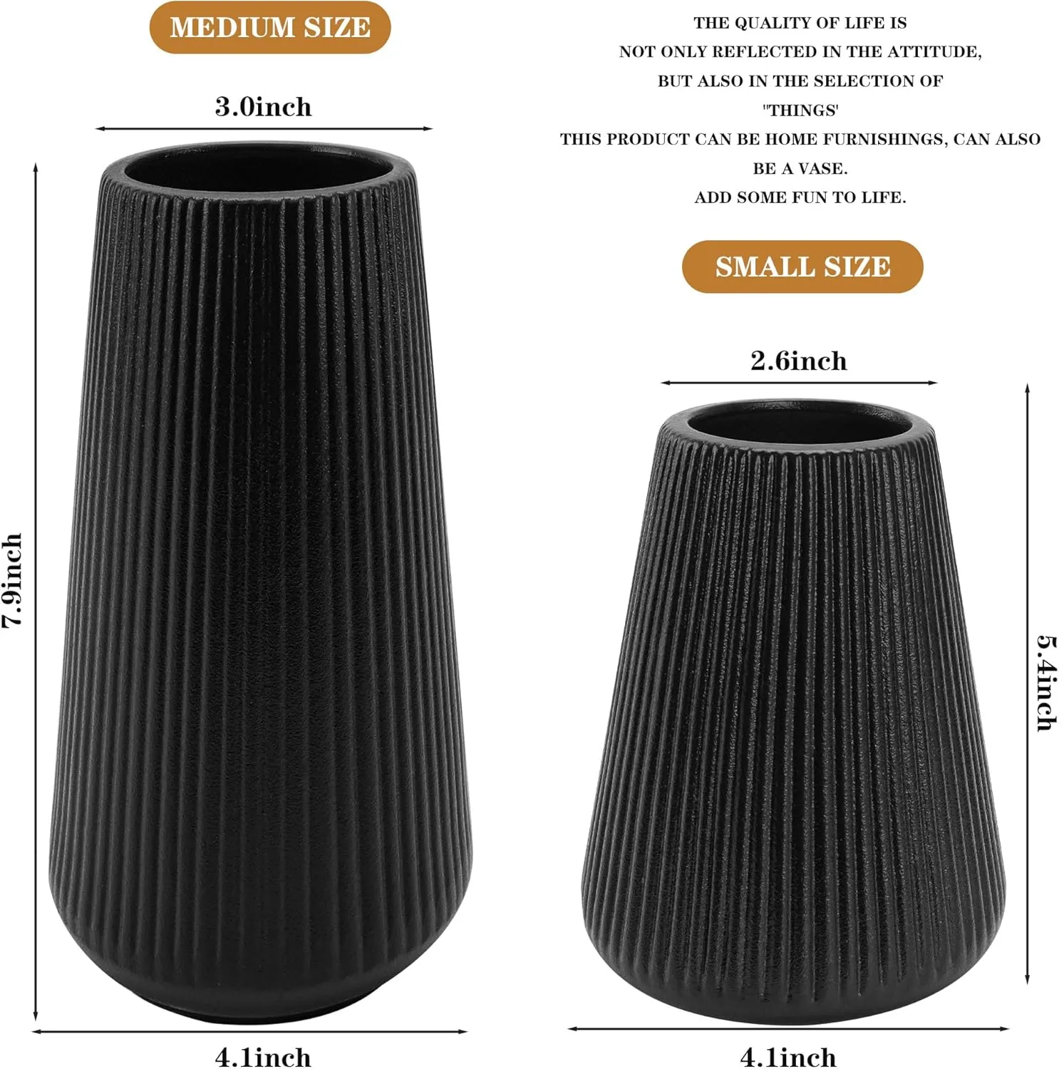 Black Ceramic Vase, GUKJOB Small Cute Flower Vase for Pampas Grass, Home, Living Room, Dining Table, Farmhouse, Office Decor, Bedroom, Table, and Kitchen Shelf (Black - 2Pcs)