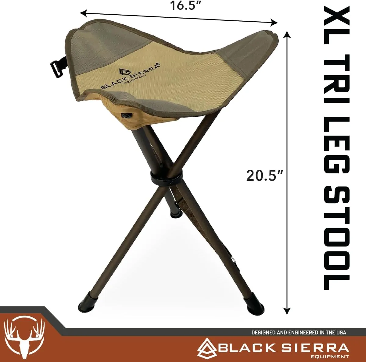 Black Sierra Folding Hunting Stool w/Shoulder Strap Supports 225 lbs, Lightweight Collapsible Tripod Seat, Foldable Steel Frame Chair Perfect for Hunting, Fishing, Hiking, Travel