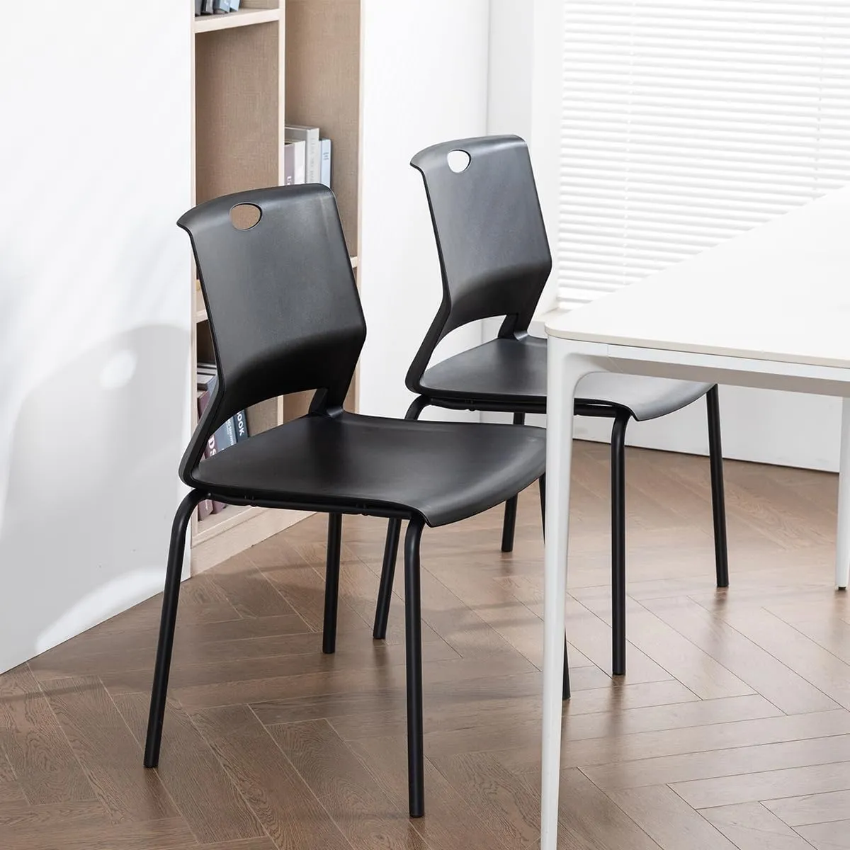 Black Stackable Chairs Set of 4, Modern Office Guest Chair Wide Seat, Stackable Dining Chairs, Plastic Chair for Conference Room, Church,Living Room, Waiting Room, Classroom.