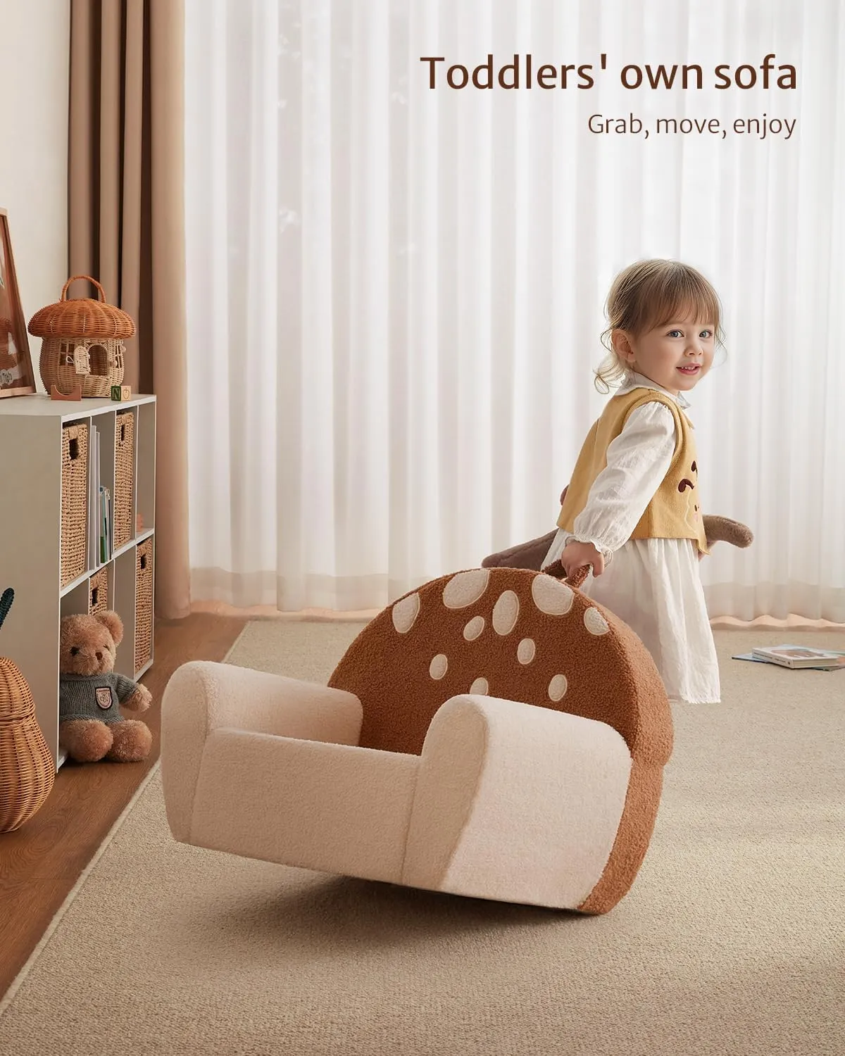Blissful Diary Toddler Chair Comfy, Foam Kids Chair with Soft Teddy Plush, Toddler Reading Armchair with Cute Mushroom Designs- Brown