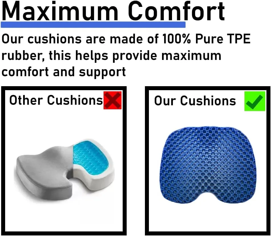 Blue Gel Seat Cushion - Honeycomb Cooling Seat Cushion Back Support, Pressure Relief & Long Sitting - Non-Slip Chair Cushion Traveling, Wheelchair, Car Seat, Office & Gaming Chair (Blue)