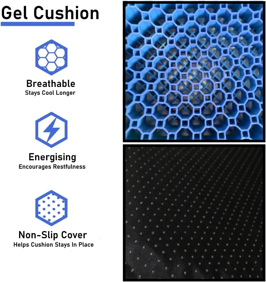 Blue Gel Seat Cushion - Honeycomb Cooling Seat Cushion Back Support, Pressure Relief & Long Sitting - Non-Slip Chair Cushion Traveling, Wheelchair, Car Seat, Office & Gaming Chair (Blue)