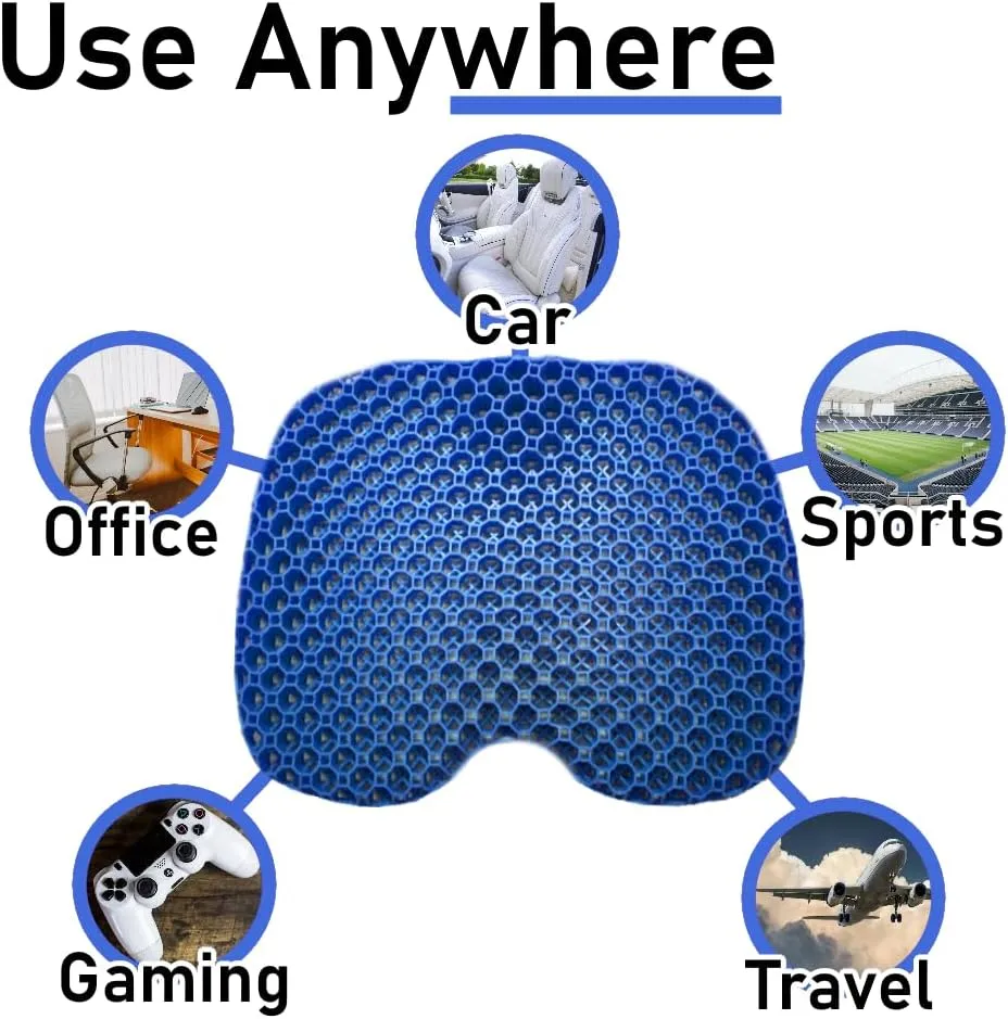 Blue Gel Seat Cushion - Honeycomb Cooling Seat Cushion Back Support, Pressure Relief & Long Sitting - Non-Slip Chair Cushion Traveling, Wheelchair, Car Seat, Office & Gaming Chair (Blue)