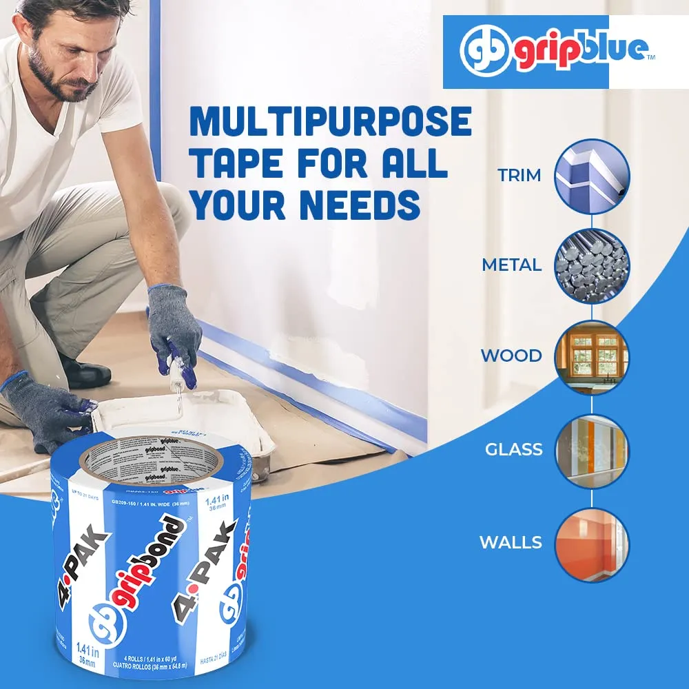 Blue Painters Tape 1.5 inch Wide (4 Rolls - 1.41in x 60yds), Blue Masking Tape for Painting Walls - Multi-Surface, Sharp Line, Residue-Free