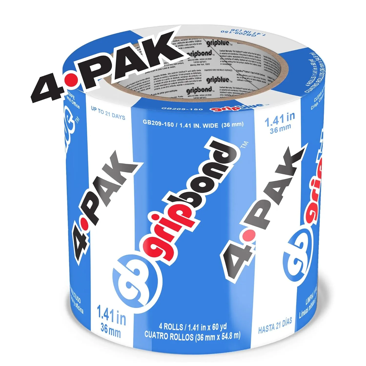 Blue Painters Tape 1.5 inch Wide (4 Rolls - 1.41in x 60yds), Blue Masking Tape for Painting Walls - Multi-Surface, Sharp Line, Residue-Free