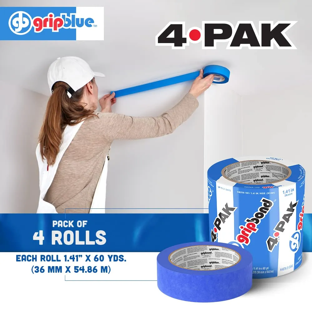 Blue Painters Tape 1.5 inch Wide (4 Rolls - 1.41in x 60yds), Blue Masking Tape for Painting Walls - Multi-Surface, Sharp Line, Residue-Free
