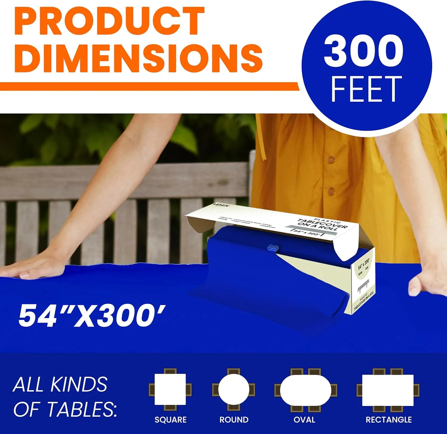 Blue Premium Plastic Tablecloth Roll - 54" x300' for Parties with Cutter Box - Cut to Size Rectangle & Round Disposable Tablecloth Plastic Table Cover