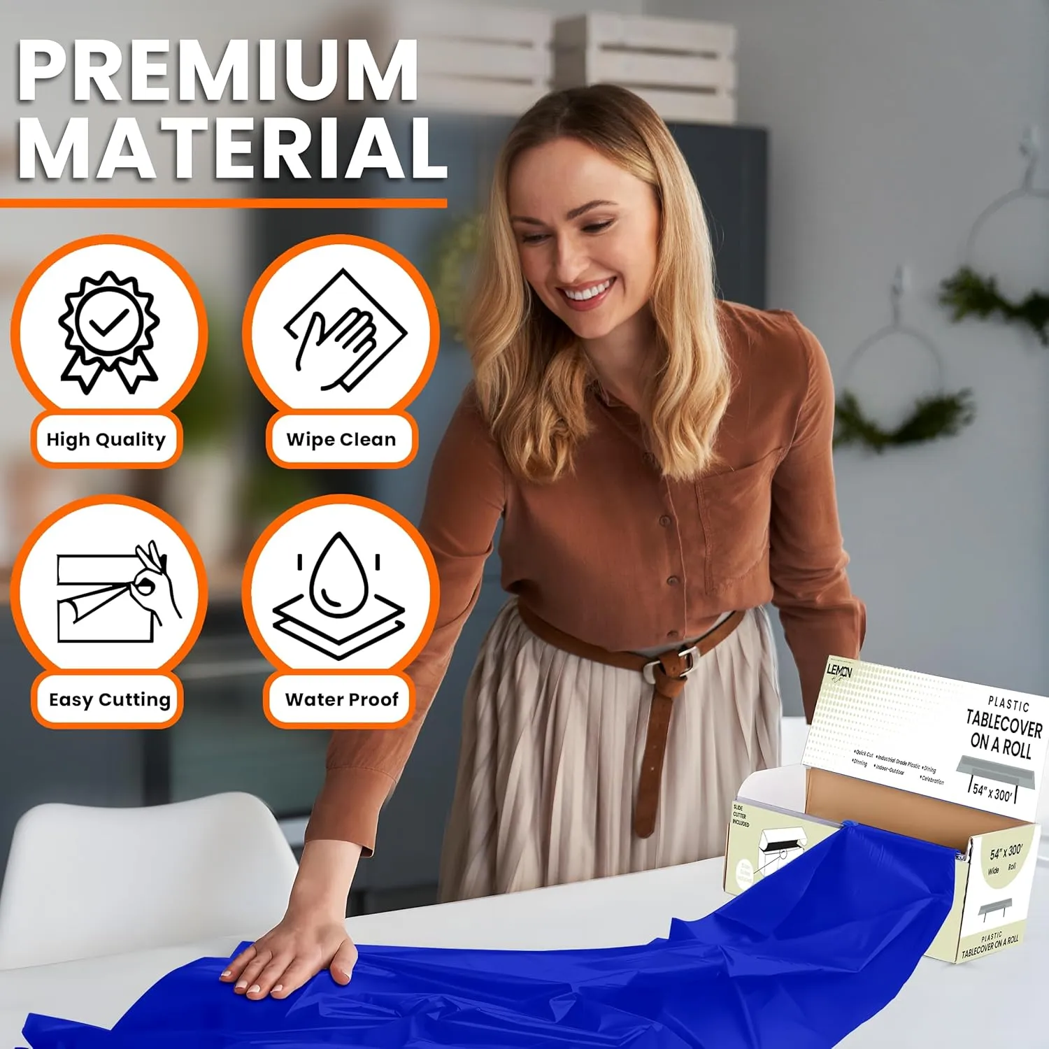 Blue Premium Plastic Tablecloth Roll - 54" x300' for Parties with Cutter Box - Cut to Size Rectangle & Round Disposable Tablecloth Plastic Table Cover