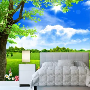 Blue Sky White Cloud Tree Scenery Wall Mural, Green Prairie Lawn Artwork Wallpaper, Wall Decal Good Adhesion Clear Picture Apply to Tv Background Wall（98.5"W x 68.9"H）