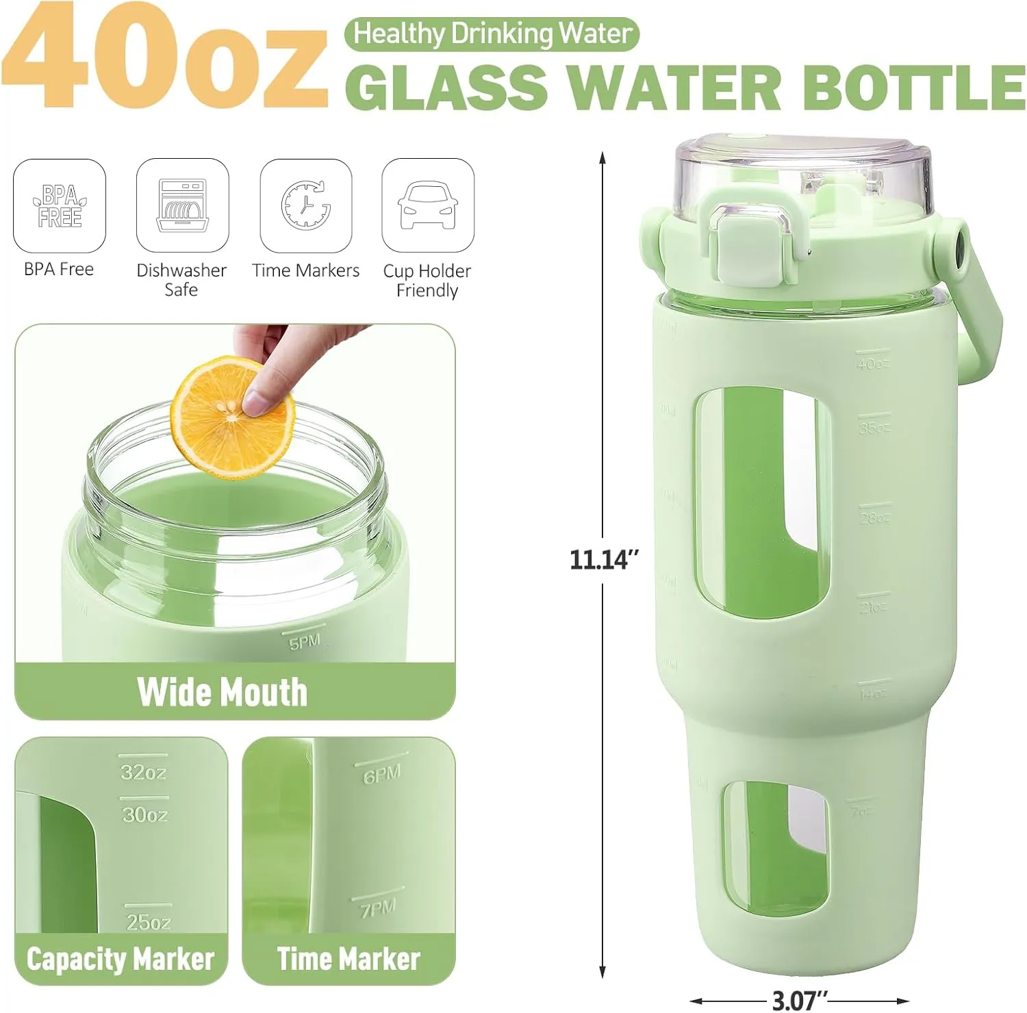 BLUEGO 40 oz Glass Water Bottles with Straw Time Marker, Glass Tumbler with Handle Top Lids, Easy to Clean, Fits in Car Cup Holder, Leakproof Jug for Gym, Sports, Workout & Daily, Green