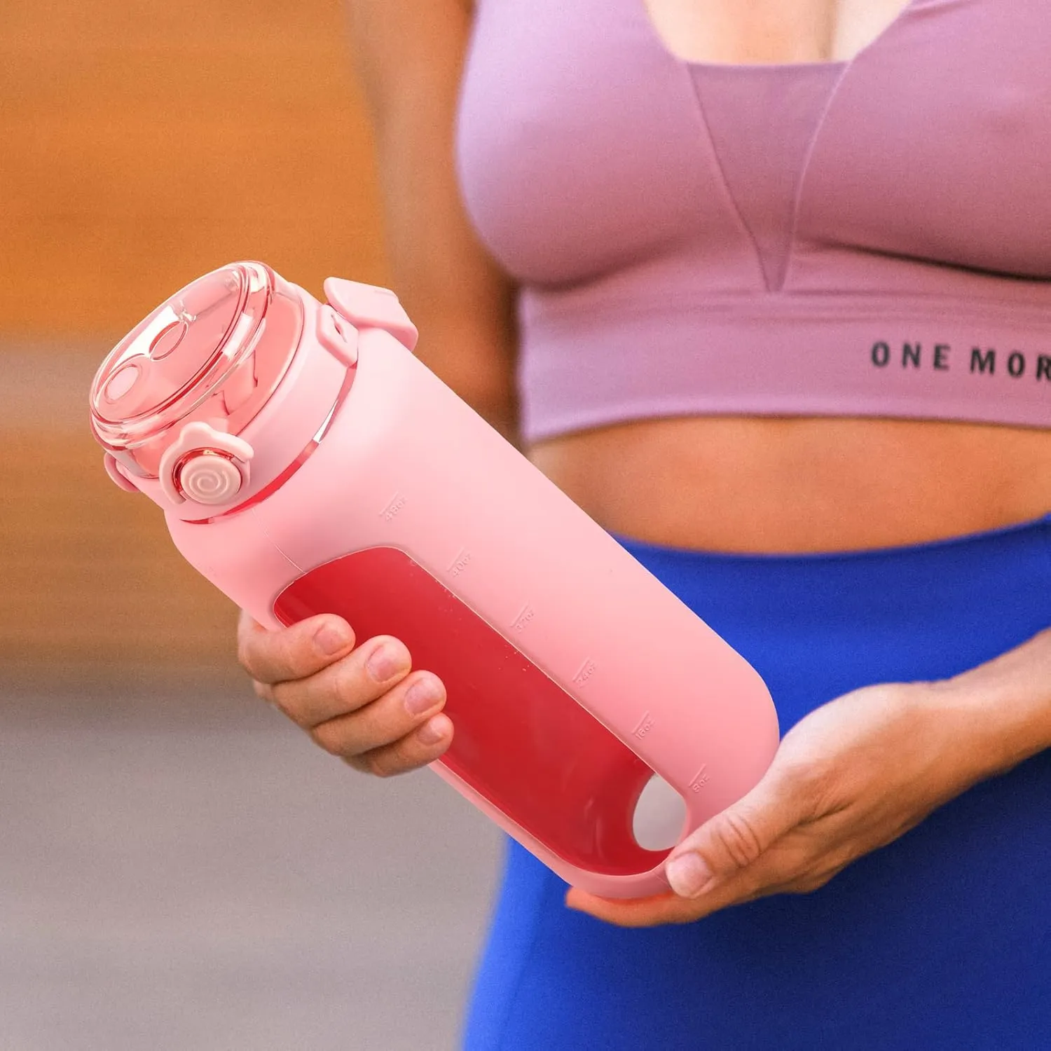 BLUEGO 64oz Glass Water Bottles with Straw Time Marker Half Gallon Large Motivational Water Bottle with Silicone Sleeve 2 Liter Large Glass Water Jug for Gym, Sports& Workout, Daily, Pink
