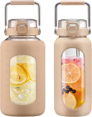 BLUEGO 84oz and 64oz Glass Water Bottles Bundle(84 Amber   64 Amber) with Straw and Stainless Steel Handle, Large Water Bottle with Sleeve, Half Gallon Water Jug, Glass Water Container, BPA Free
