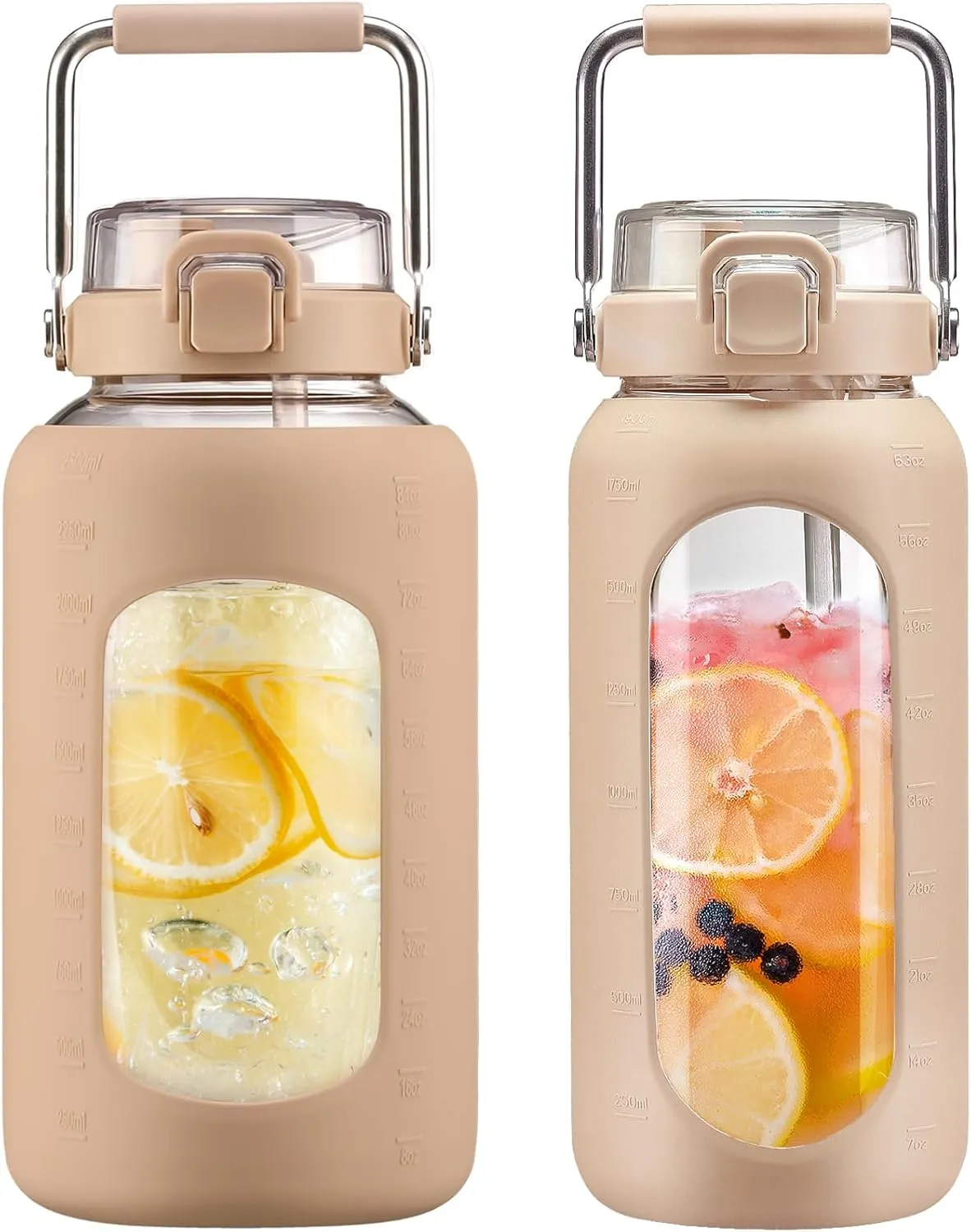 BLUEGO 84oz and 64oz Glass Water Bottles Bundle(84 Amber   64 Amber) with Straw and Stainless Steel Handle, Large Water Bottle with Sleeve, Half Gallon Water Jug, Glass Water Container, BPA Free