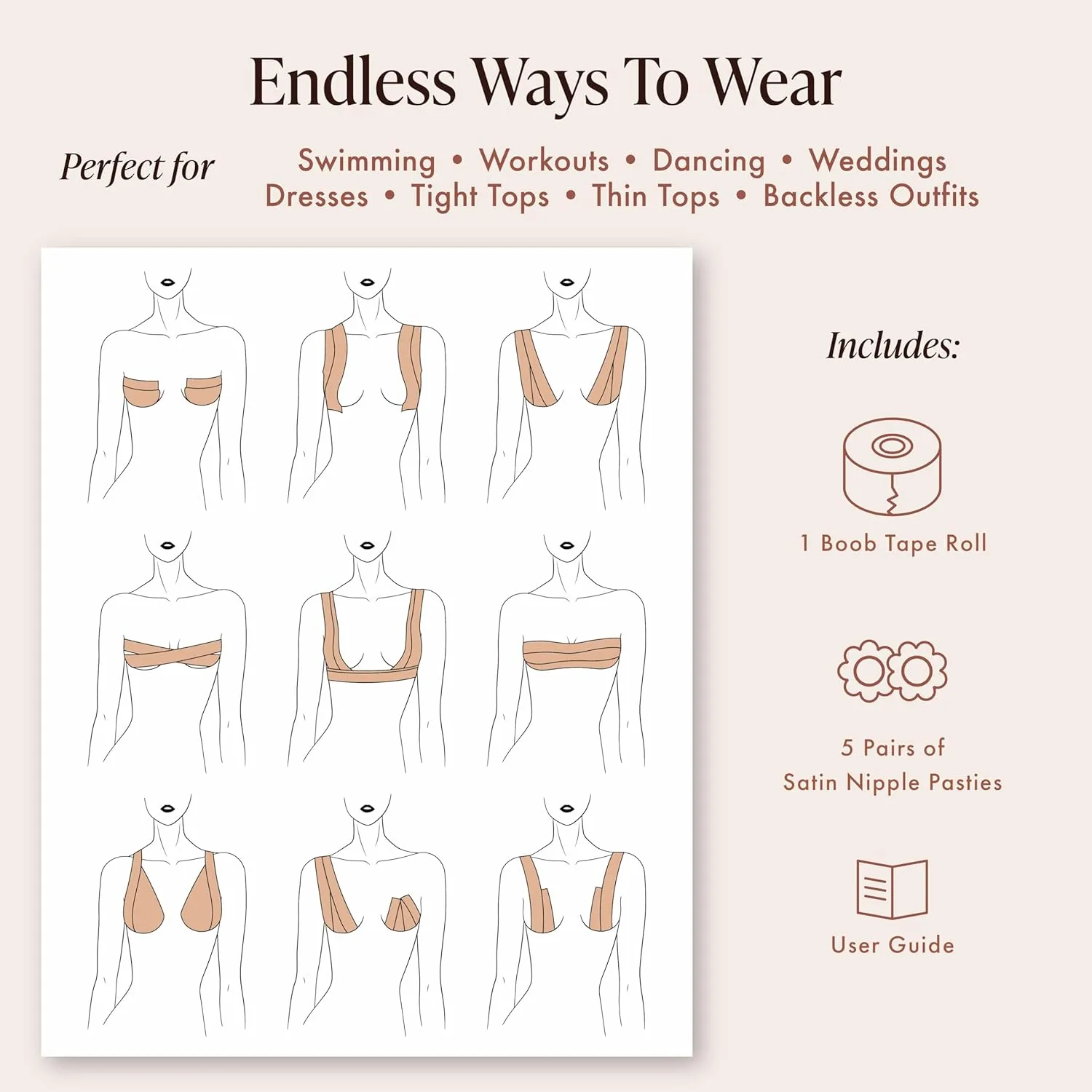 Boob Tape for Breast Lift - Breast Lift Tape - 10 Satin Nipple Pasties - Hypoallergenic Boobtape - Strapless Bra