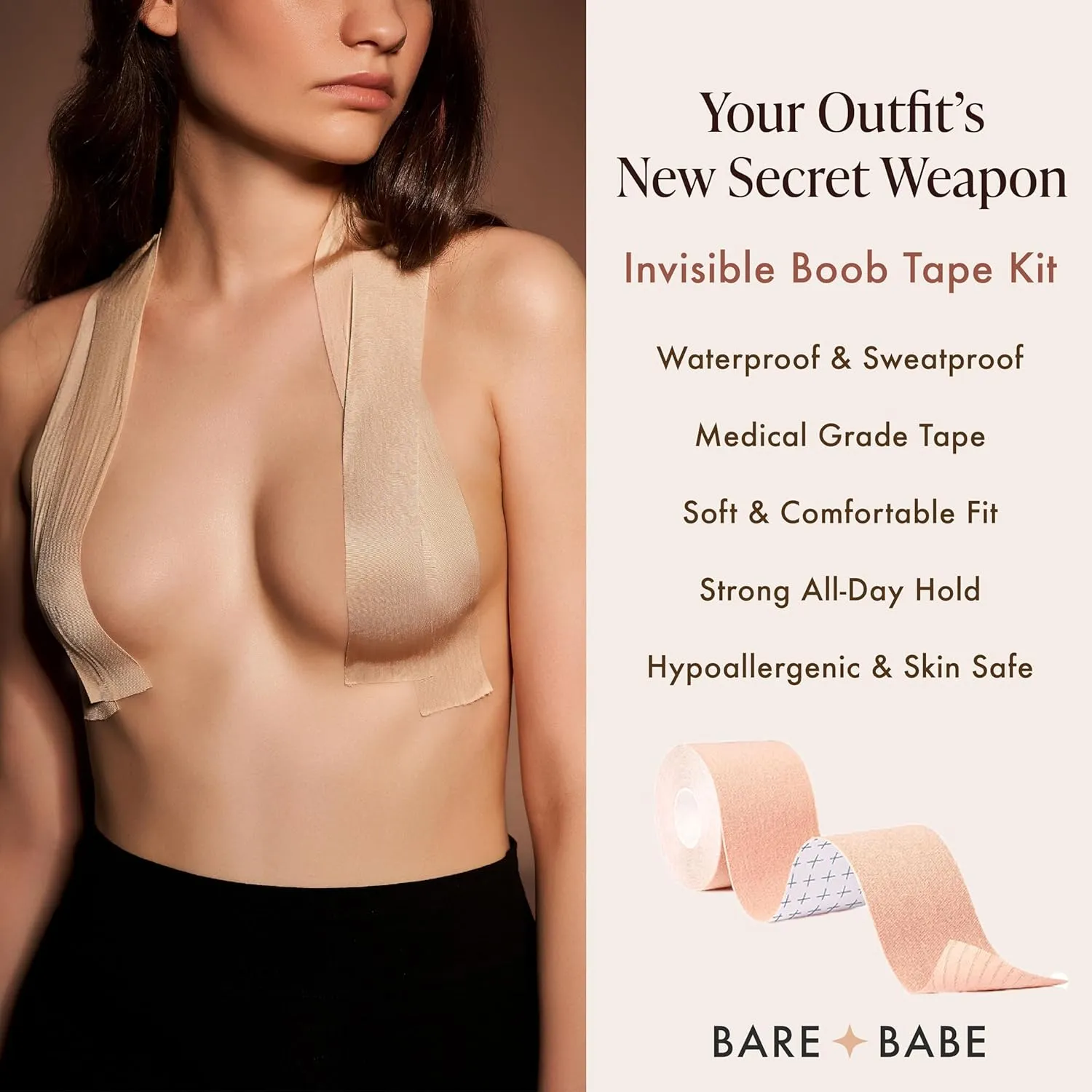 Boob Tape for Breast Lift - Breast Lift Tape - 10 Satin Nipple Pasties - Hypoallergenic Boobtape - Strapless Bra