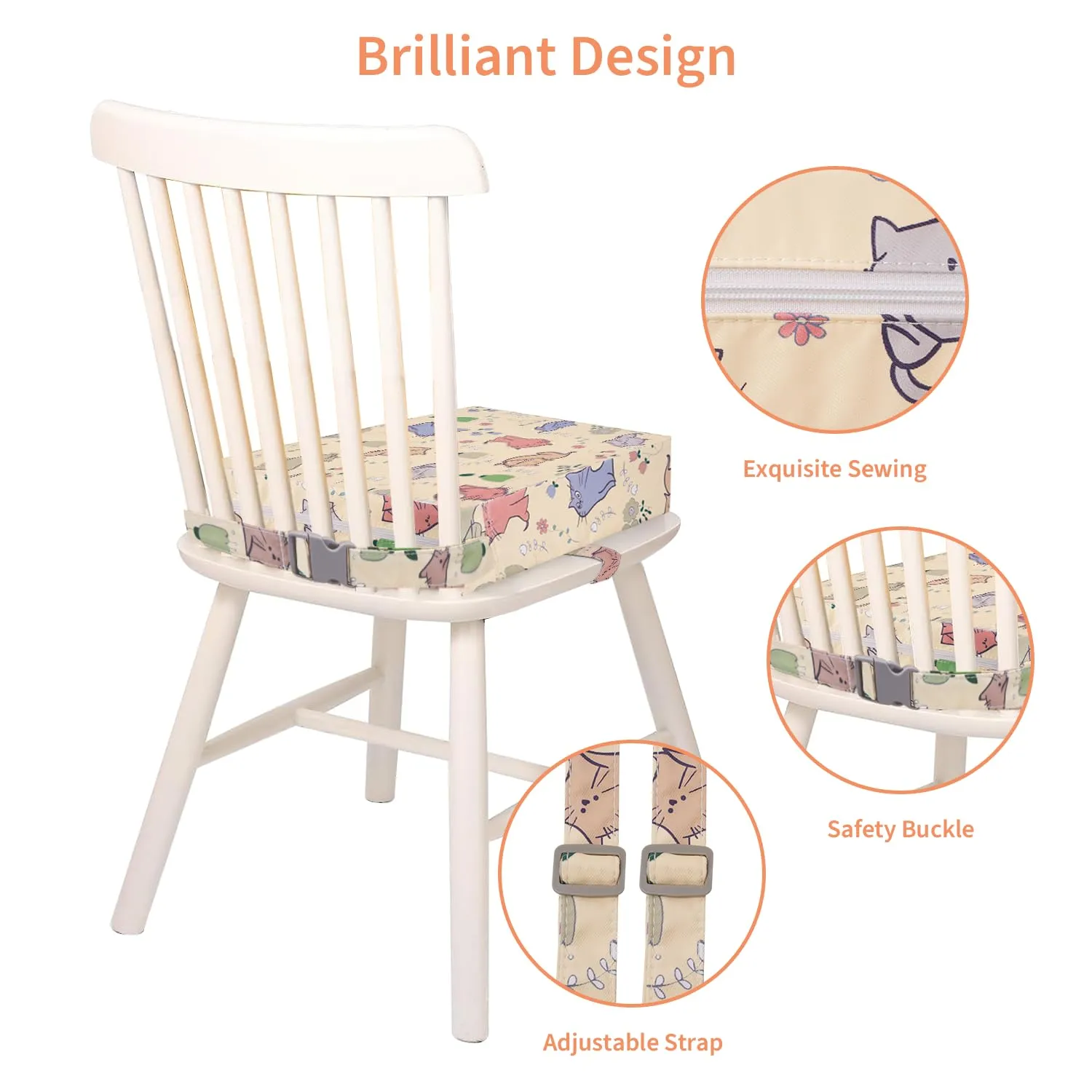 Booster Seat for Dining Table, Stronger Support Double Safe Straps Booster Seat for Kitchen Chair, Non-Slip Bottom Portable Travel Chair Cushion for Kids (Beige Cat)