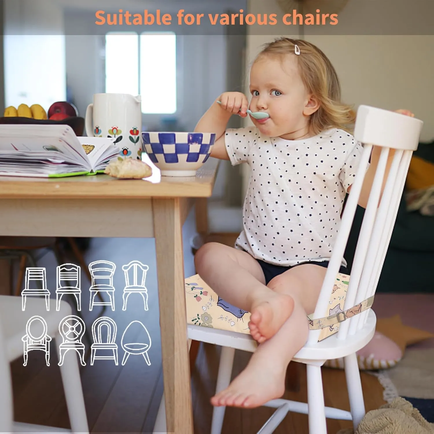 Booster Seat for Dining Table, Stronger Support Double Safe Straps Booster Seat for Kitchen Chair, Non-Slip Bottom Portable Travel Chair Cushion for Kids (Beige Cat)