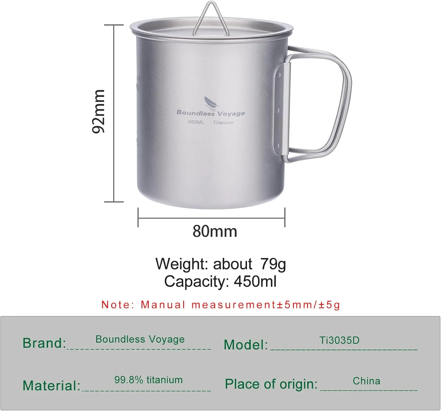 Boundless Voyage Titanium Cup with Lid Outdoor Camping Ultralight Water Tea Coffee Mug 200ML/300ML/450ML (450ml (15.2fl oz))