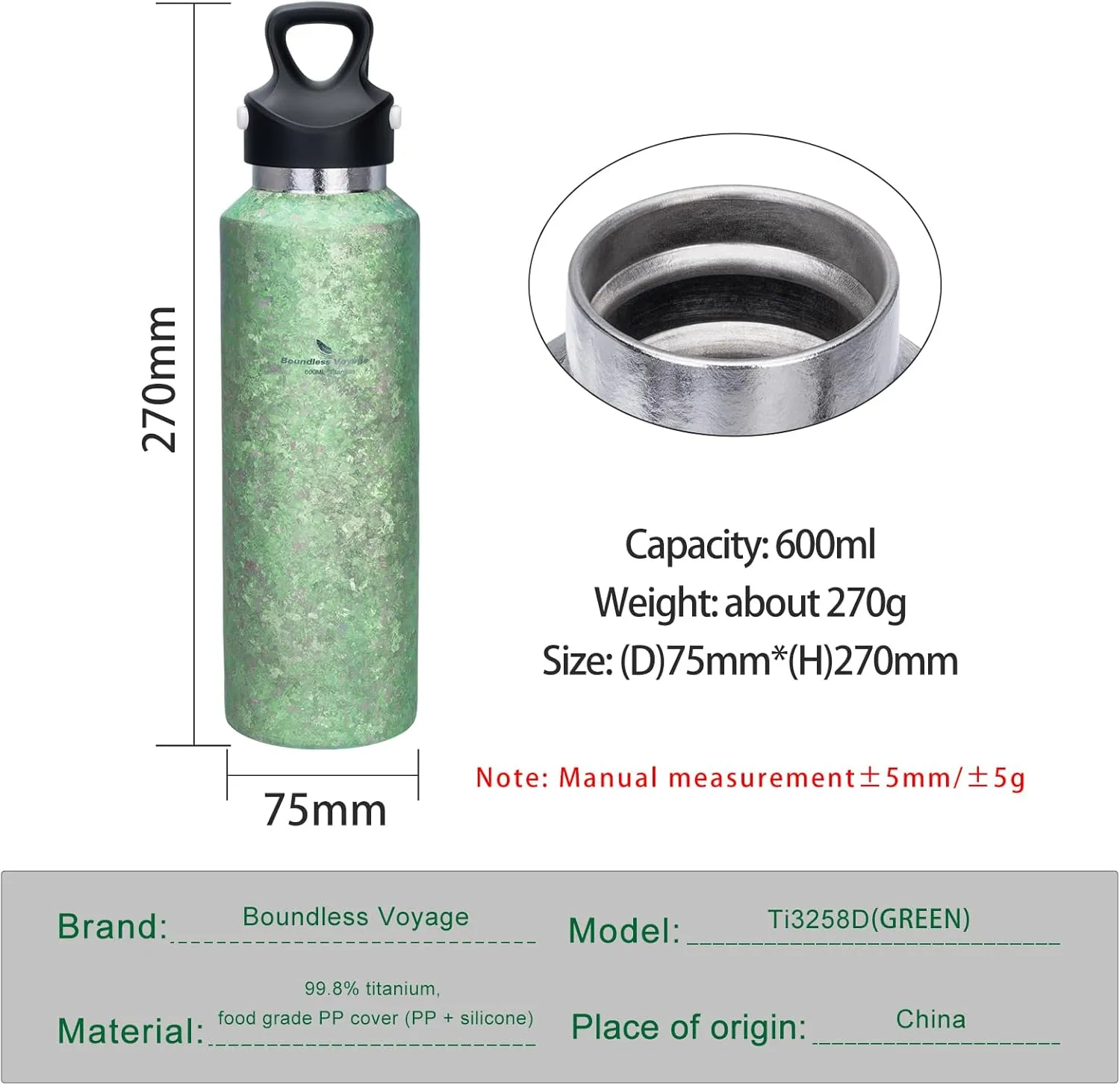 Boundless Voyage Titanium Vacuum Water Bottle Double-Walled Insulated Cup Lightweight and Leak-Proof Travel Outdoor Office School Sport Bottle (600ml green)