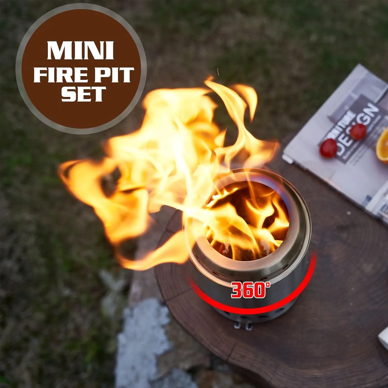BRIAN & DANY Tabletop Solo Fire Pit with Stand, Smokeless Firepit for Outside, Stainless Steel Stove Bonfire, Fueled by Pellets or Wood, Includes Travel Bag & Fireproof Mat - 7.9 x 5.5in,Black