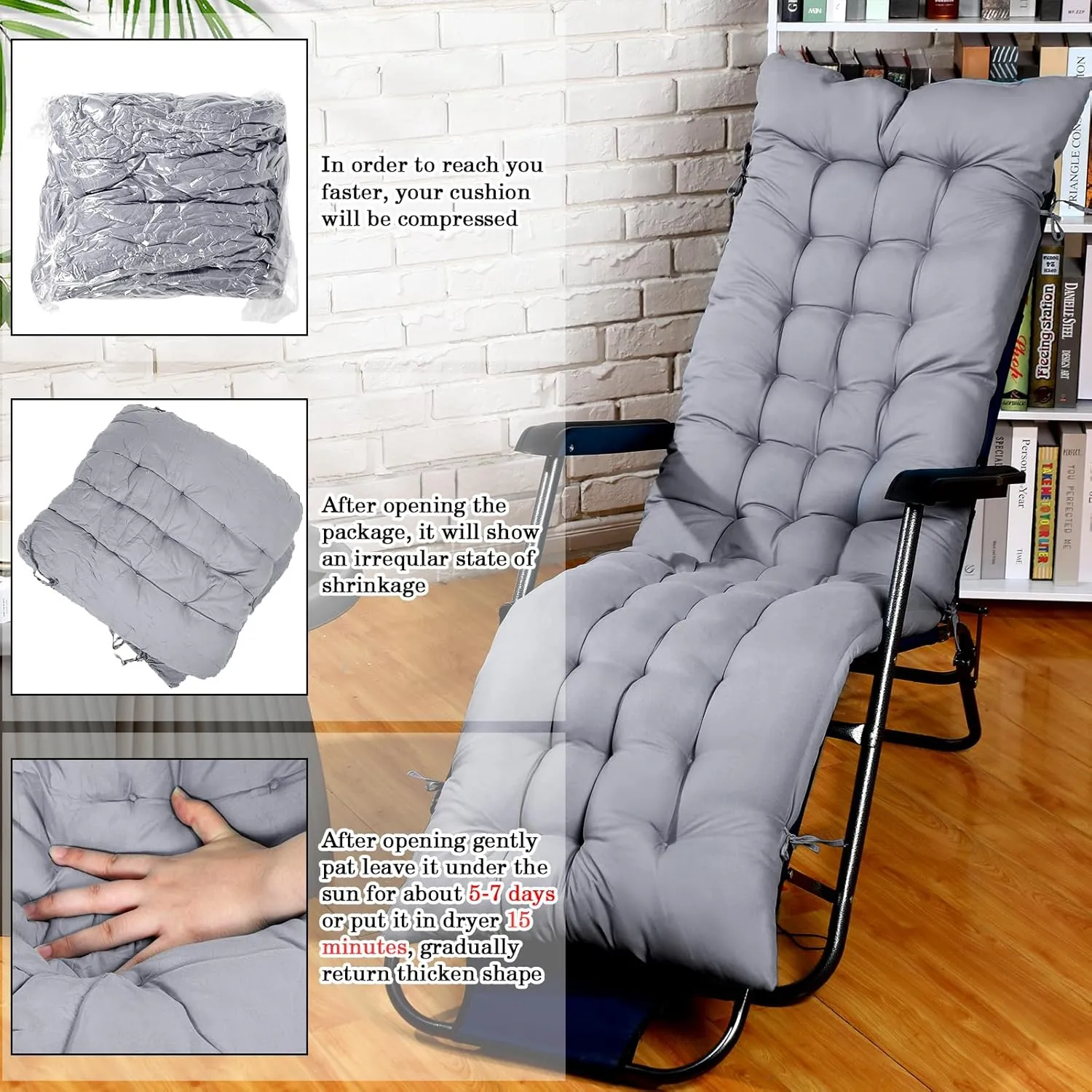 Bucherry 67 x 19 Inch Chaise Lounge Cushions Soft Lounge Chair Cushion Gravity Chair Cushion Sofa Lawn Furniture Cushion Pad with 6 Tie for Outdoor Indoor Patio Home Without Headrest (Gray,2 Pcs)