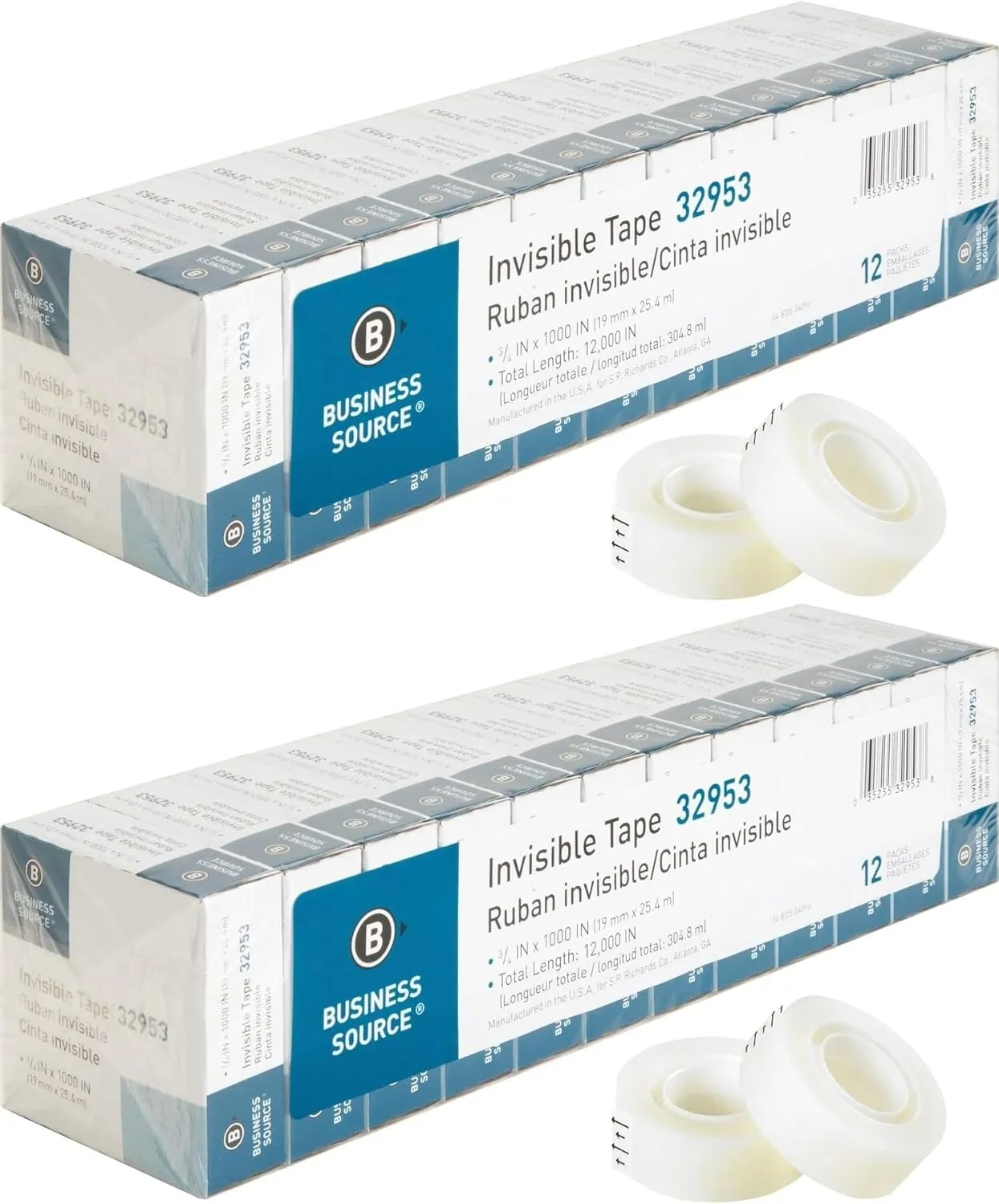 Business Source 32953 Invisible Tape Value Pk, 1-Inch Core, 3/4-Inch x1000-Inch, 12/PK, Clear - Pack of 2