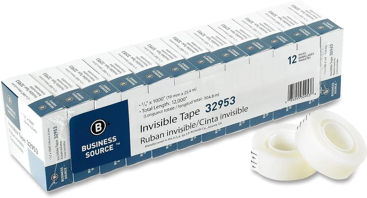 Business Source 32953 Invisible Tape Value Pk, 1-Inch Core, 3/4-Inch x1000-Inch, 12/PK, Clear - Pack of 2
