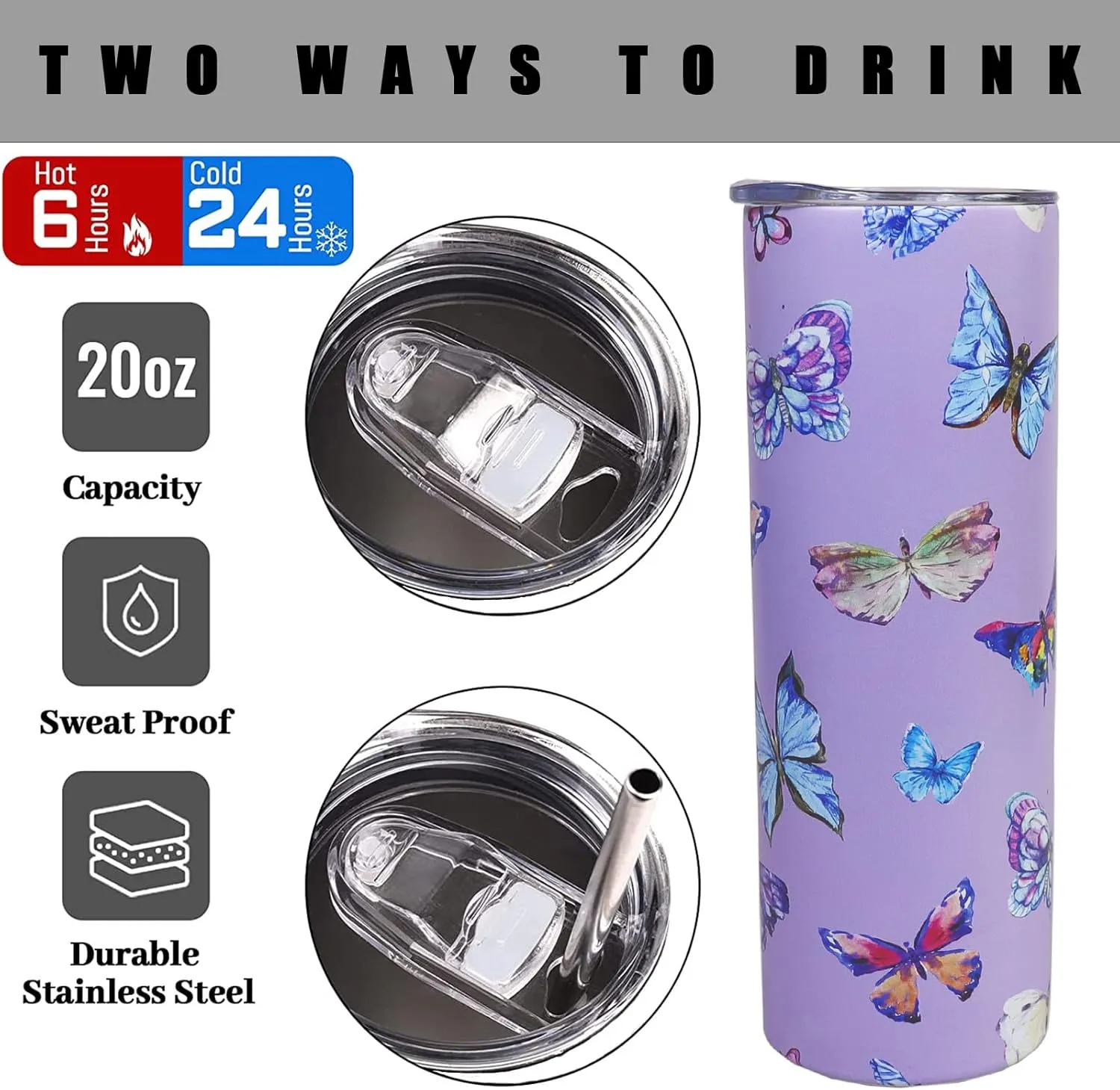 Butterfly Tumbler With Lid and Straw - 20 oz Insulated Purple Stainless Steel Skinny Tumbler Water Bottle Travel Mug Wine Cups Gifts for Women