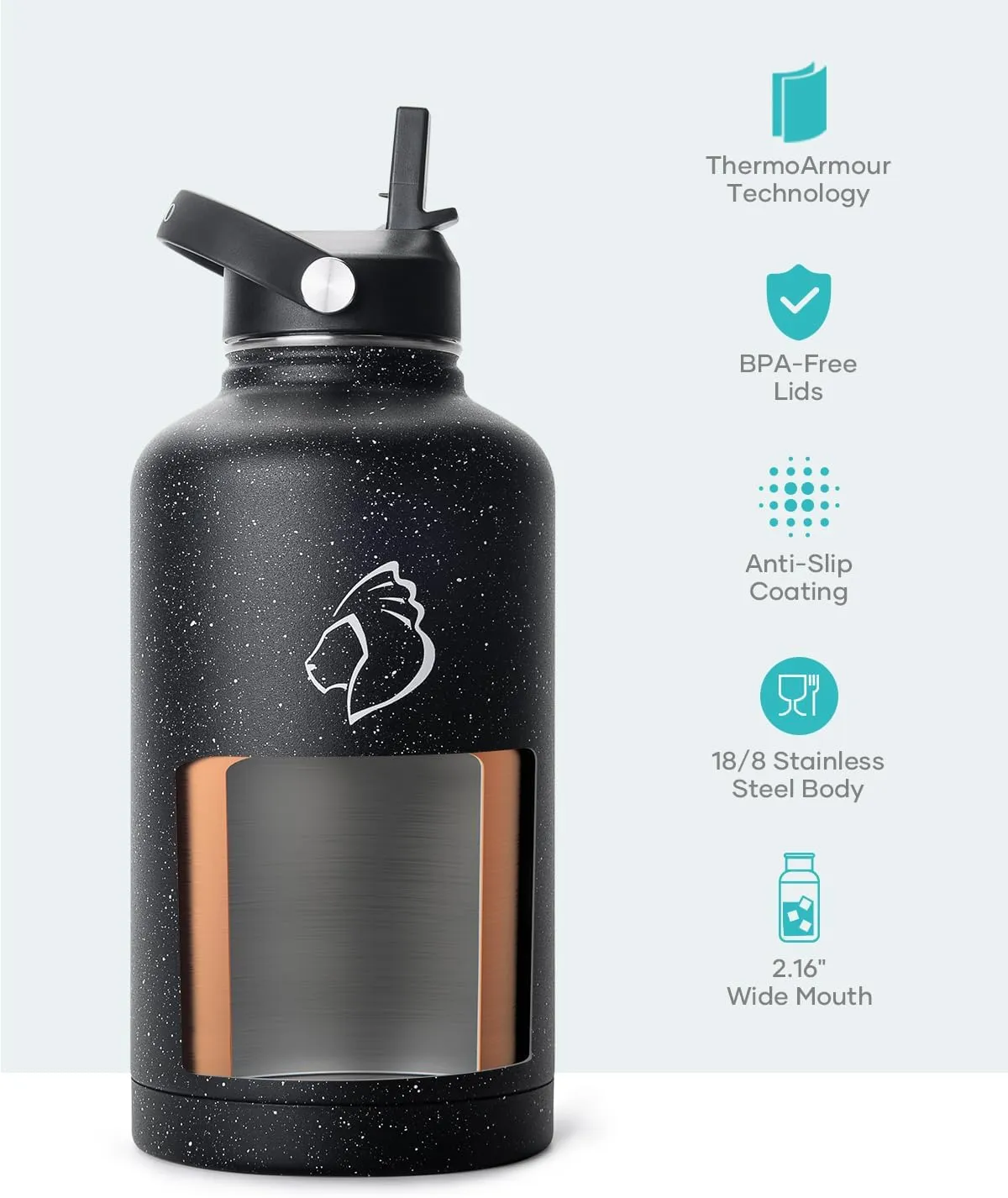 BUZIO Insulated Water Bottles 64oz with Straw Lid, Half Gallon Double Wall Stainless Steel Wide Mouth Water Bottle with Two Lids, Powder Coat Metal Water Jug Thermo Mug Metal Canteen, Keep Hot Cold