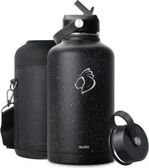 BUZIO Insulated Water Bottles 64oz with Straw Lid, Half Gallon Double Wall Stainless Steel Wide Mouth Water Bottle with Two Lids, Powder Coat Metal Water Jug Thermo Mug Metal Canteen, Keep Hot Cold