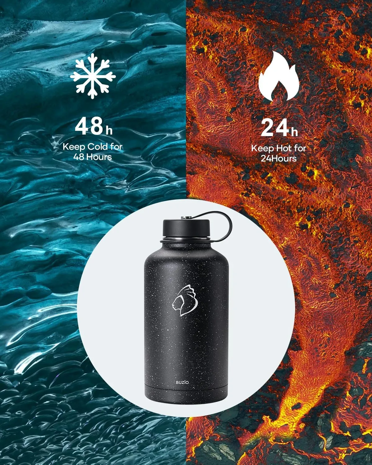 BUZIO Insulated Water Bottles 64oz with Straw Lid, Half Gallon Double Wall Stainless Steel Wide Mouth Water Bottle with Two Lids, Powder Coat Metal Water Jug Thermo Mug Metal Canteen, Keep Hot Cold