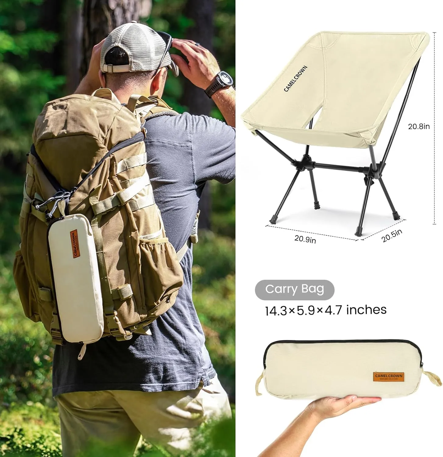CAMEL CROWN Portable Camping Chair Folding Compact Lawn Lightweight Backpacking Chair with Carry Bag for Outdoor Hiking Beach Travel Picnic Festival White