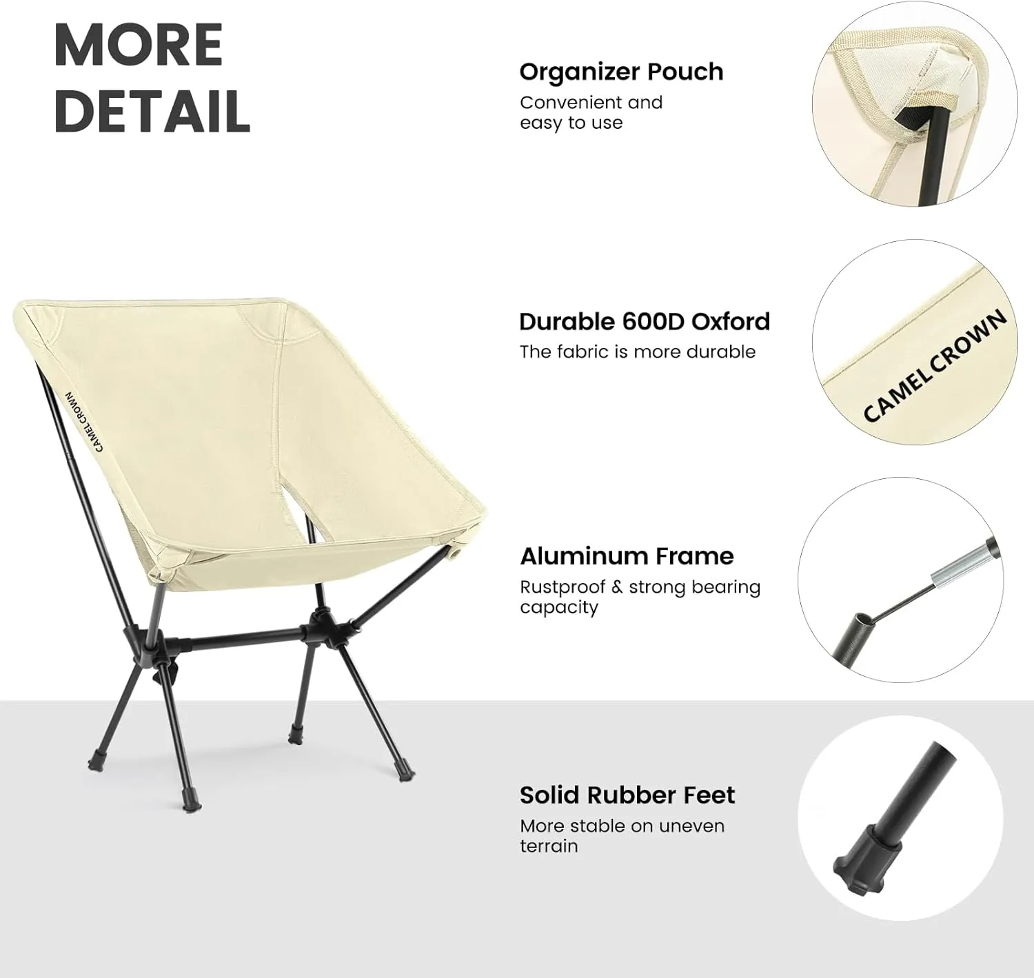 CAMEL CROWN Portable Camping Chair Folding Compact Lawn Lightweight Backpacking Chair with Carry Bag for Outdoor Hiking Beach Travel Picnic Festival White